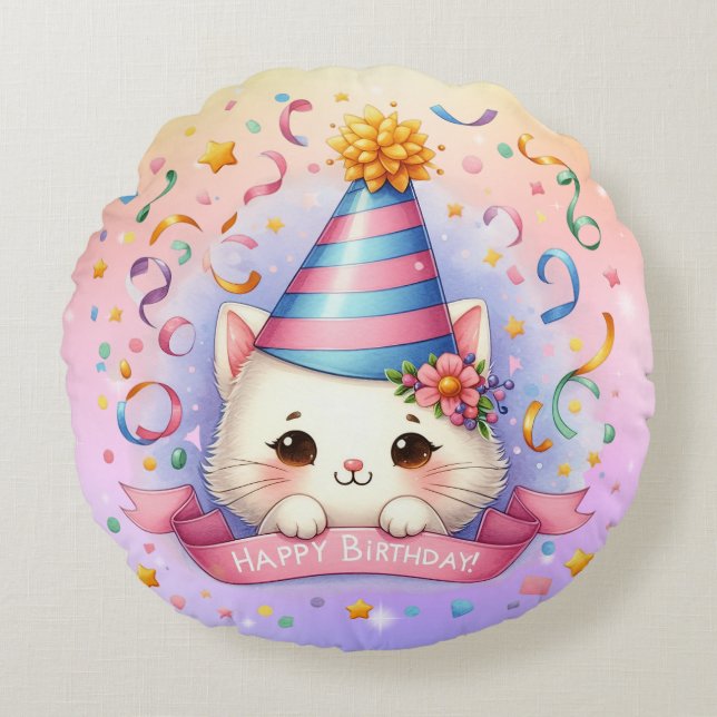 Cute Cartoon Kawaii Kitty Cat Happy Birthday  Round Pillow (Front)