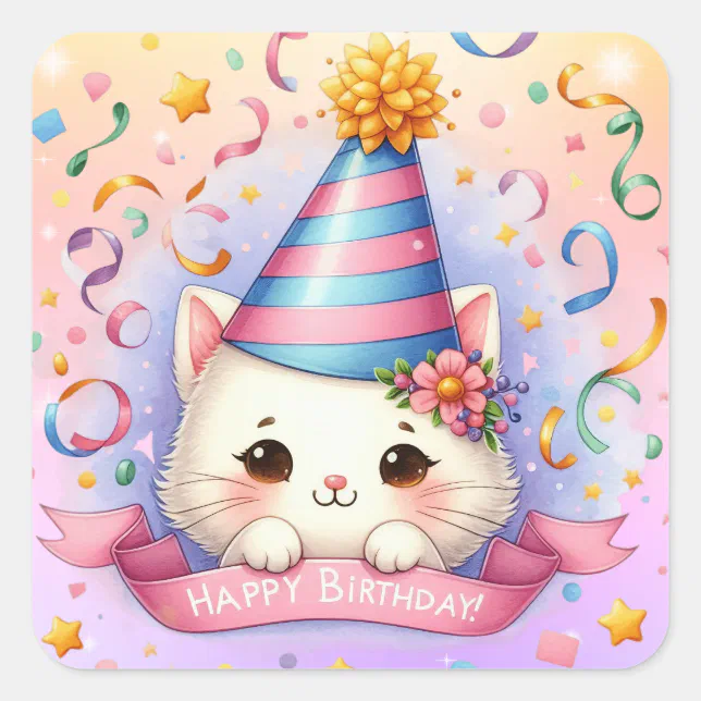 Cute Cartoon Kawaii Kitty Cat Happy Birthday Square Sticker | Zazzle