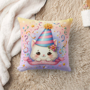 Cute Cartoon Kawaii Kitty Cat Happy Birthday Throw Pillow