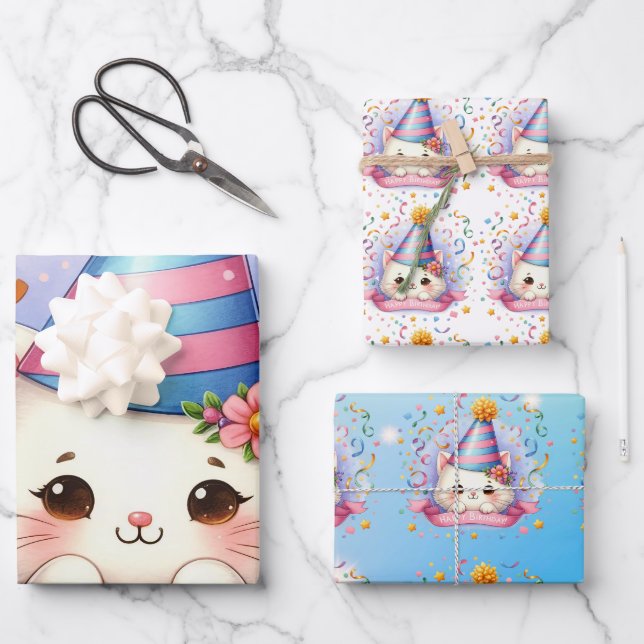 Cute Cartoon Kawaii Kitty Cat Happy Birthday  Wrapping Paper Sheets (Front)