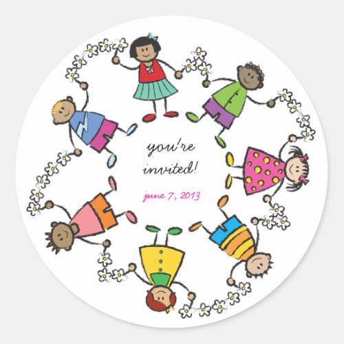 Cute Cartoon Kids Happy Friends Around The World Classic Round Sticker