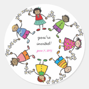 Cute Cartoon Kids Happy Friends Around The World Classic Round Sticker