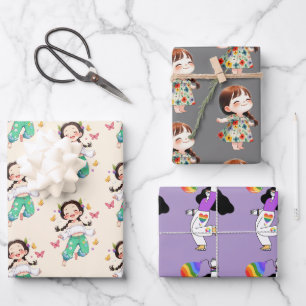 Cute Cartoon Kids & Rainbow Characters Wrapping Paper Sheets