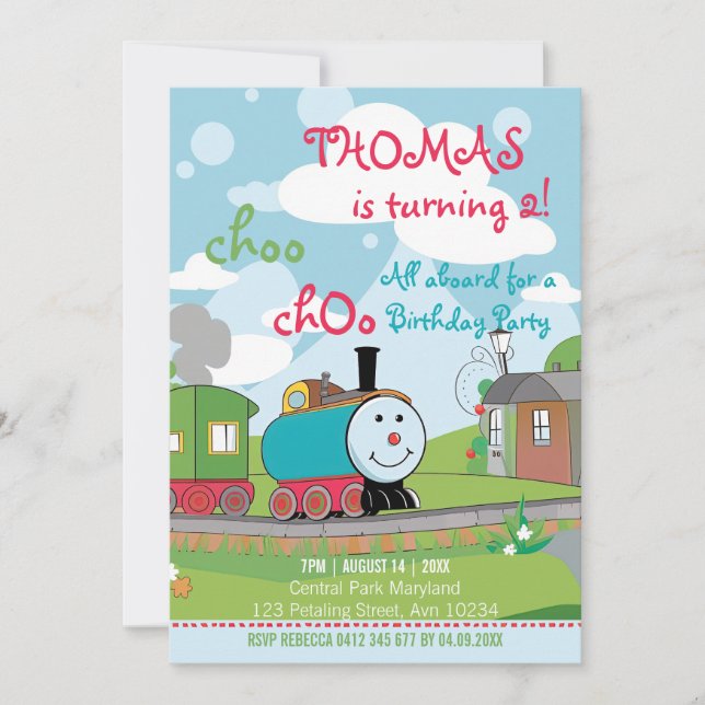 Cute Cartoon Kids Vibrant Color Train Birthday Invitation (Front)