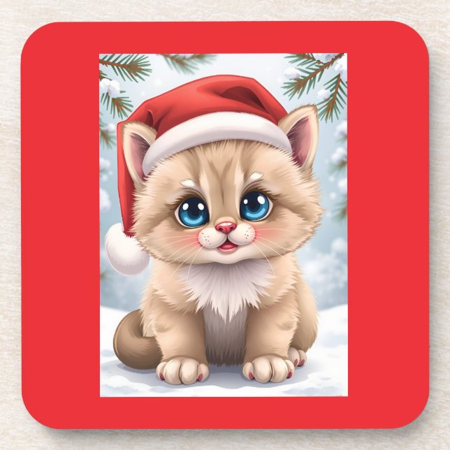 Cute cartoon kitten Christmas fun Beverage Coaster (Front)