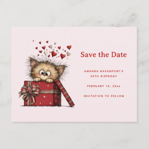 Cute Cartoon Kitten in a Box with Hearts Announcement Postcard