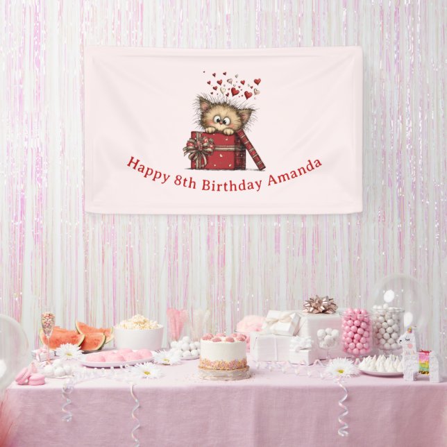 Cute Cartoon Kitten in a Box with Hearts Birthday Banner (Party)