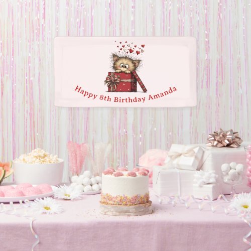 Cute Cartoon Kitten in a Box with Hearts Birthday