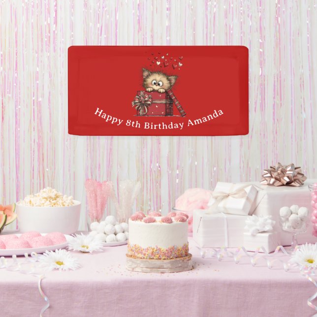 Cute Cartoon Kitten in a Box with Hearts Birthday Banner (Party)