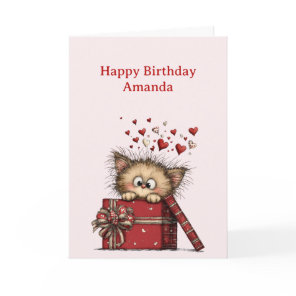 Cute Cartoon Kitten in a Box with Hearts Birthday Card