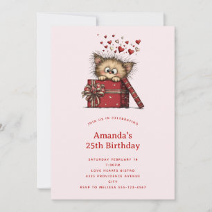 Cute Cartoon Kitten in a Box with Hearts Birthday Invitation