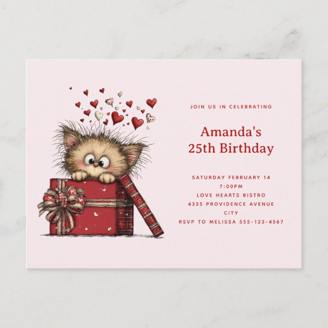 Cute Cartoon Kitten in a Box with Hearts Birthday Invitation Postcard (Front)