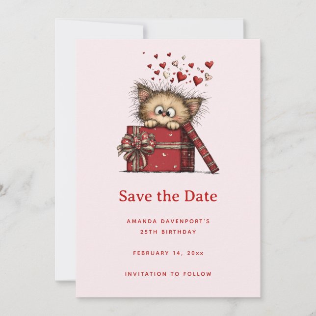Cute Cartoon Kitten in a Box with Hearts Birthday Save The Date (Front)