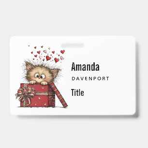 Cute Cartoon Kitten in a Box with Hearts Business Badge