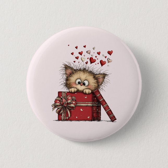 Cute Cartoon Kitten in a Box with Hearts Button (Front)