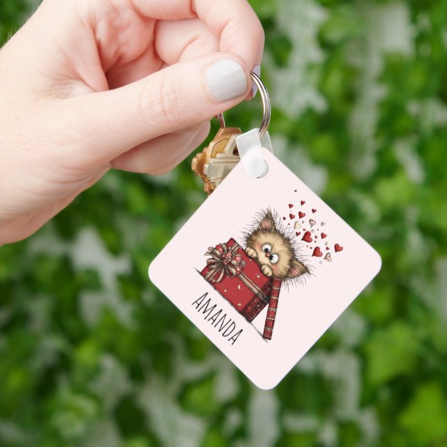 Cute Cartoon Kitten in a Box with Hearts Keychain (Hand)
