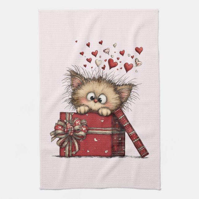 Cute Cartoon Kitten in a Box with Hearts Kitchen Towel (Vertical)