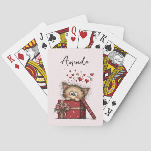 Cute Cartoon Kitten in a Box with Hearts Poker Cards