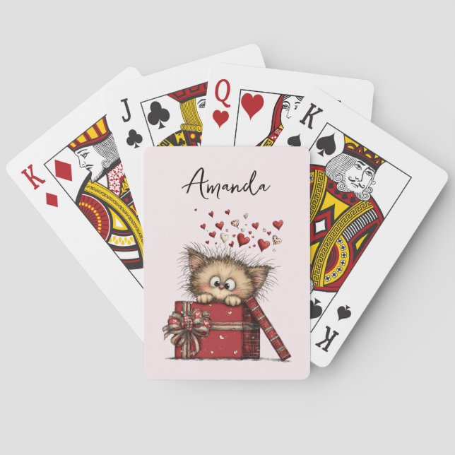 Cute Cartoon Kitten in a Box with Hearts Poker Cards (Back)