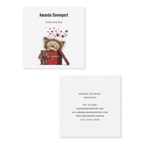 Cute Cartoon Kitten in a Box with Hearts Square Business Card