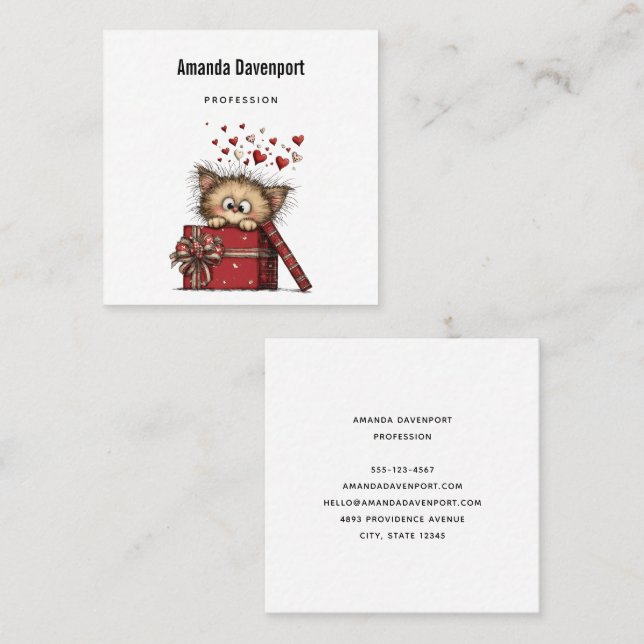 Cute Cartoon Kitten in a Box with Hearts Square Business Card (Front/Back)