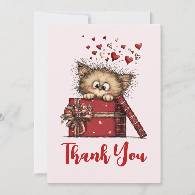 Cute Cartoon Kitten in a Box with Hearts Thank You Card (Front)