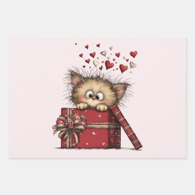 Cute Cartoon Kitten in a Box with Hearts Wrapping Paper Sheets
