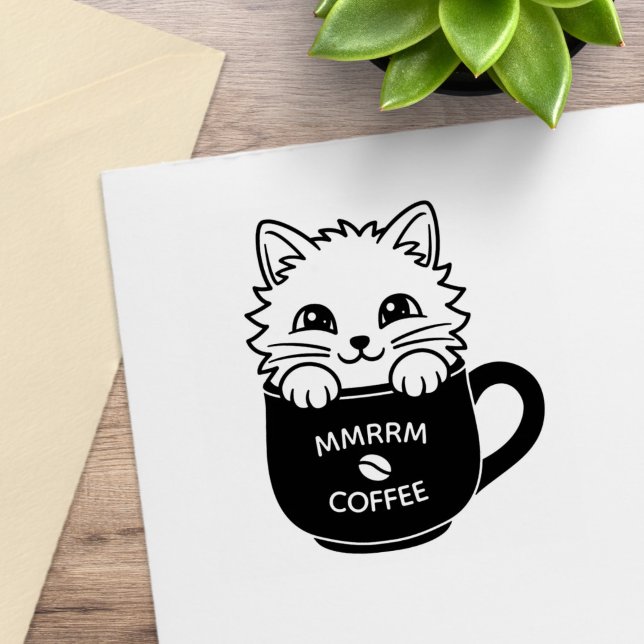 Cute Cartoon Kitten in Coffee Mug Custom Text Rubber Stamp (Creator Uploaded)