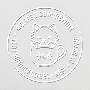Cute Cartoon Kitten in Coffee Mug Round Address Embosser