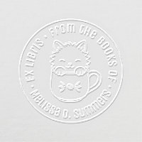 Cute Cartoon Kitten in Coffee Mug Round Bookplate