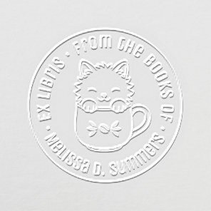 Cute Cartoon Kitten in Coffee Mug Round Bookplate Embosser