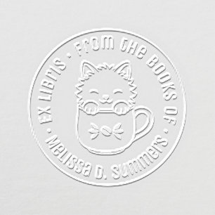 Cute Cartoon Kitten in Coffee Mug Round Bookplate Embosser
