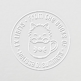 Cute Cartoon Kitten in Coffee Mug Round Bookplate Embosser