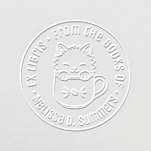 Cute Cartoon Kitten in Coffee Mug Round Bookplate Embosser