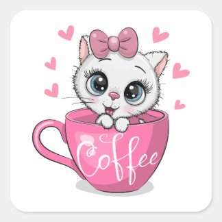 Cute cartoon kitten is sitting in a cup of coffee square sticker