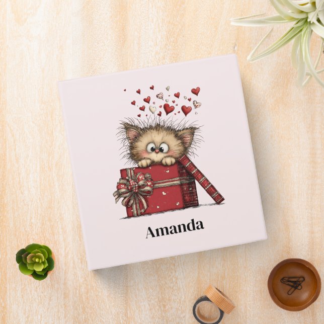 Cute Cartoon Kitten with Hearts 3 Ring Binder (In Situ)