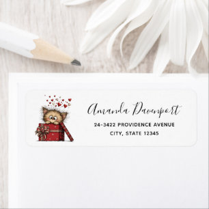 Cute Cartoon Kitten with Hearts Address Label