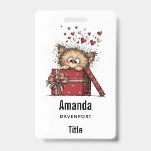Cute Cartoon Kitten with Hearts Badge