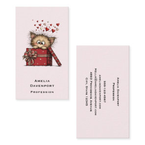 Cute Cartoon Kitten with Hearts Business Card
