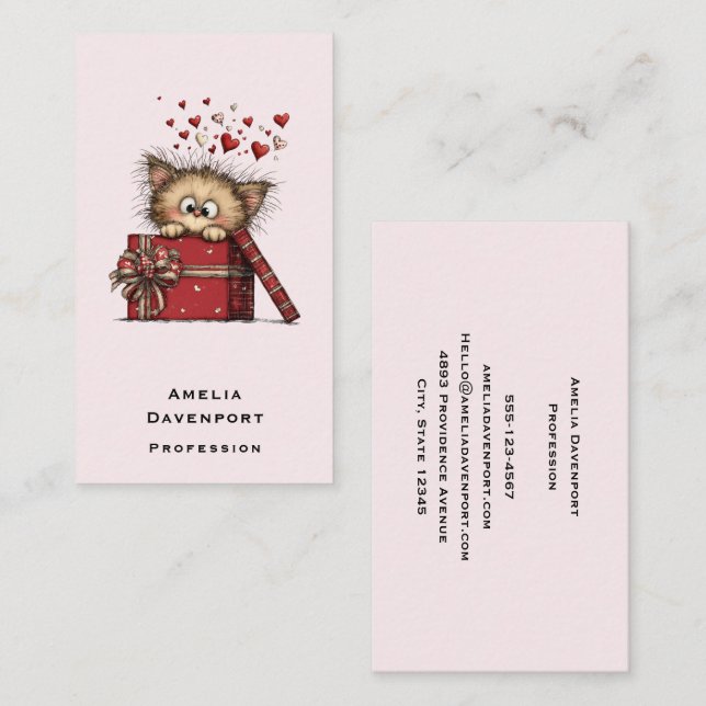Cute Cartoon Kitten with Hearts Business Card (Front/Back)