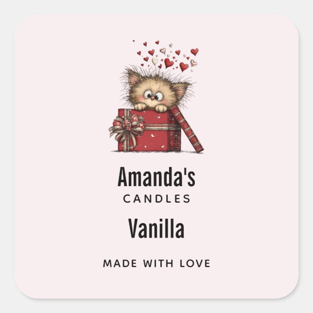 Cute Cartoon Kitten with Hearts Candle Business Square Sticker (Front)