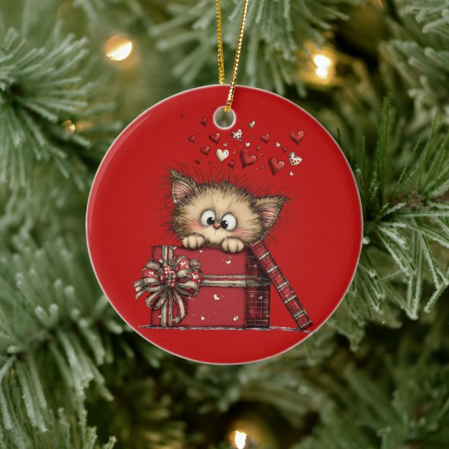 Cute Cartoon Kitten with Hearts Ceramic Ornament (Tree)