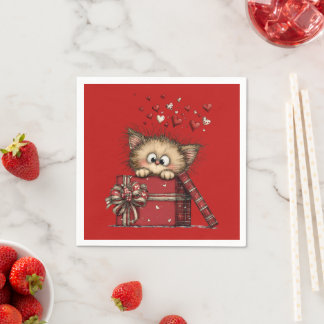 Cute Cartoon Kitten with Hearts Napkins