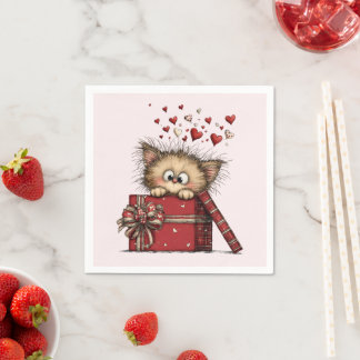 Cute Cartoon Kitten with Hearts Napkins