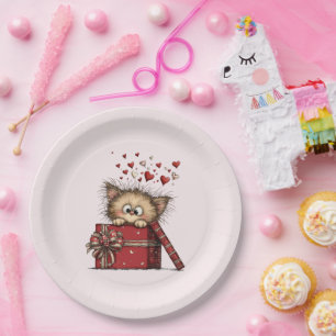 Cute Cartoon Kitten with Hearts Paper Plates