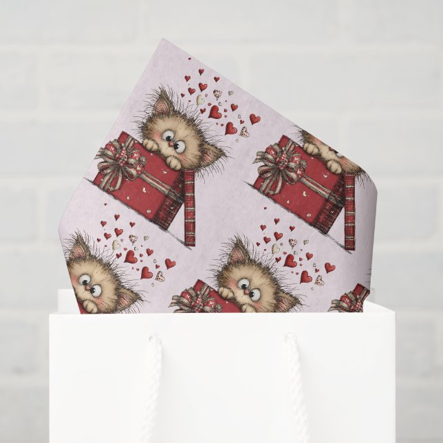 Cute Cartoon Kitten with Hearts Pattern Tissue Paper (Gift Bag)