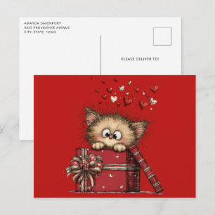 Cute Cartoon Kitten with Hearts Postcard