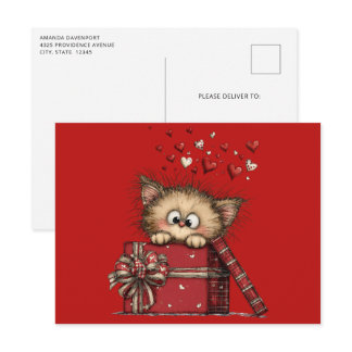 Cute Cartoon Kitten with Hearts Postcard