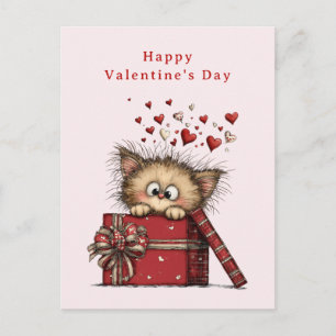 Cute Cartoon Kitten with Hearts Valentine's Day Holiday Postcard