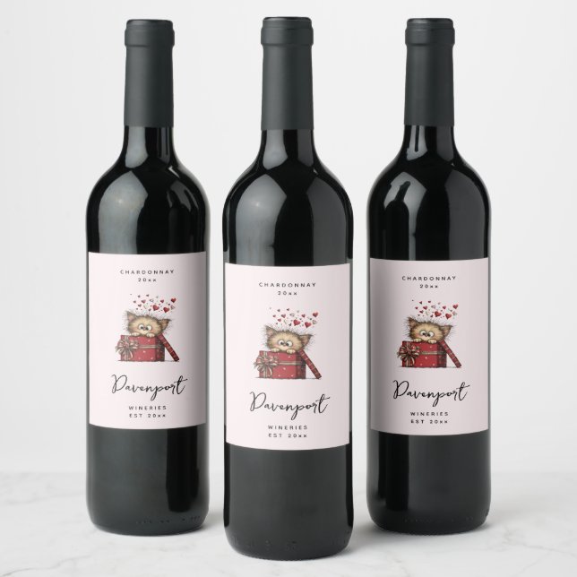 Cute Cartoon Kitten with Hearts Wine Making Label (Bottles)